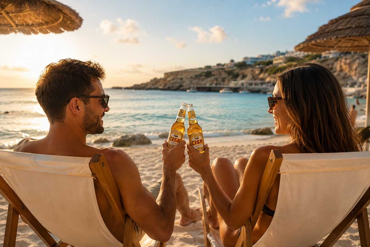 Cold Maltese Beer Cisk on the beach